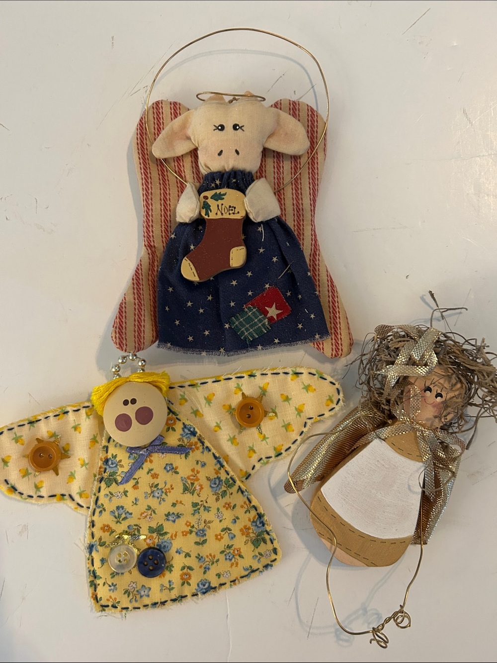 Angel ornament trio handmade quilted cow, wooden grapevine hair angel, quilted